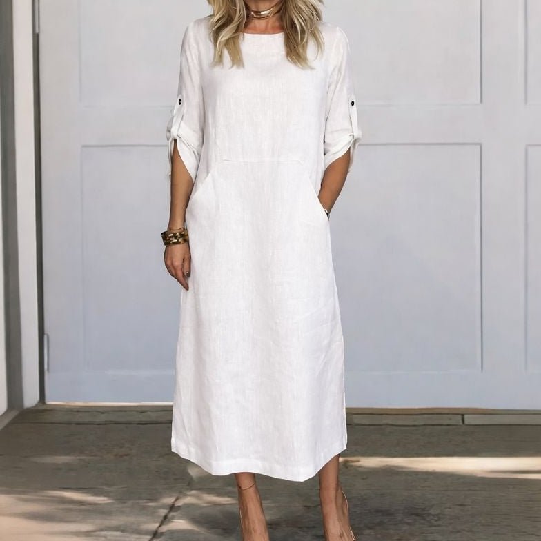Womens Summer Dress in Linen Look with Roll Tab Sleeves and Pockets