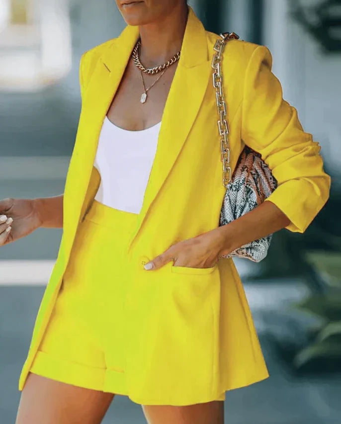 Womens Shorts Set with Longline Blazer in Matte Suiting Fabric