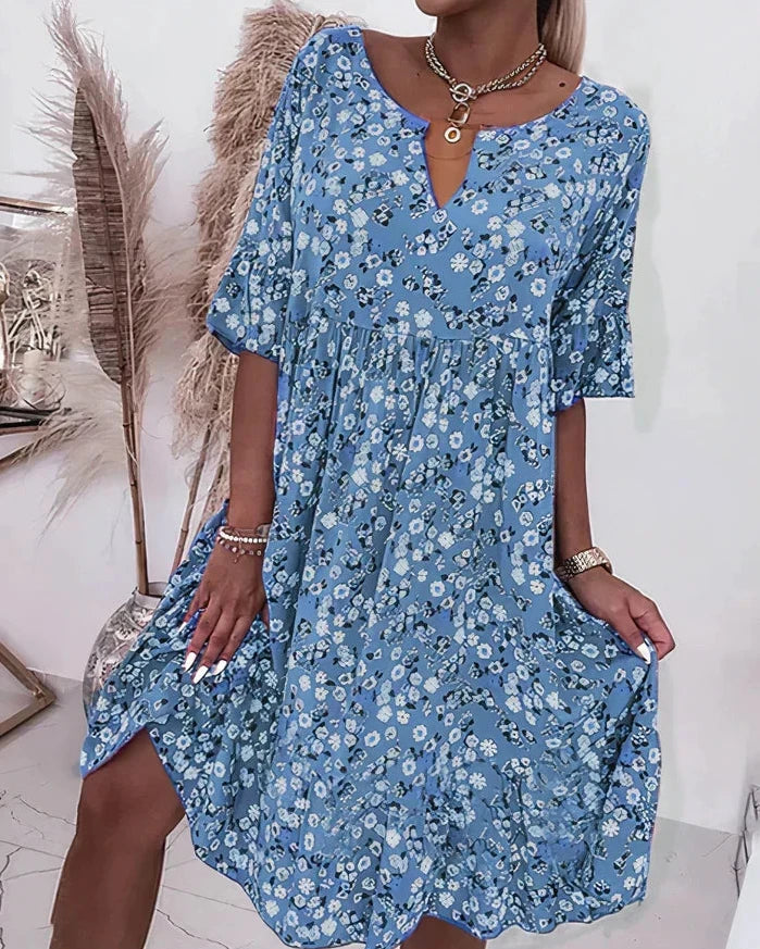 Womens Casual Dress with Floral Print and Flounce Sleeves Knee Length