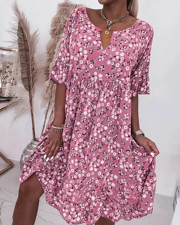 Womens Casual Dress with Floral Print and Flounce Sleeves Knee Length
