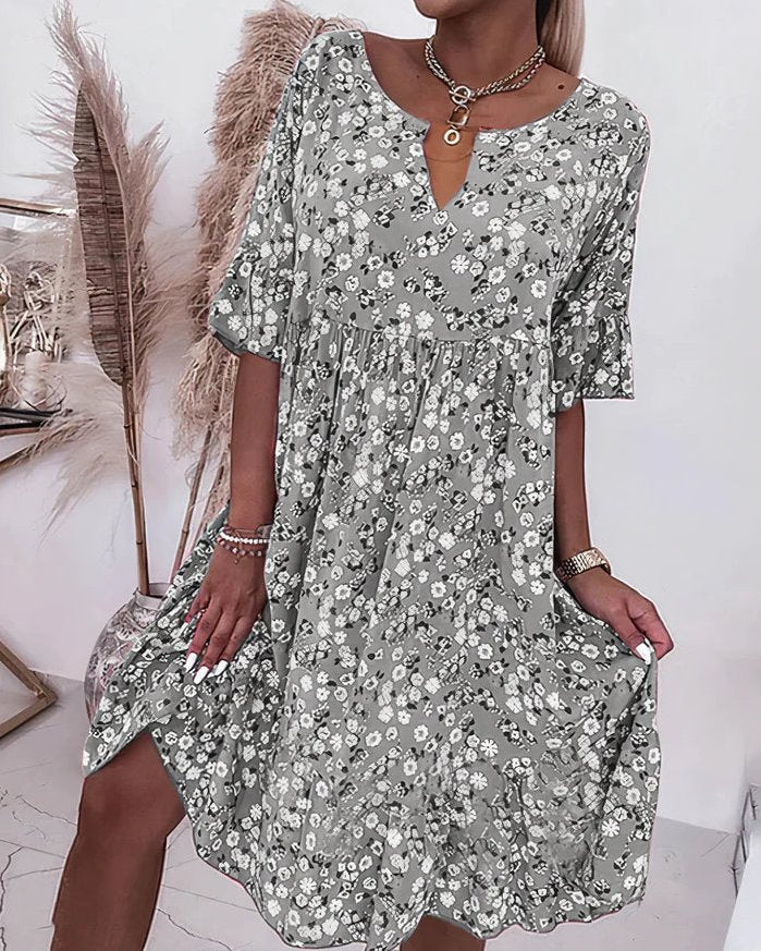 Womens Casual Dress with Floral Print and Flounce Sleeves Knee Length