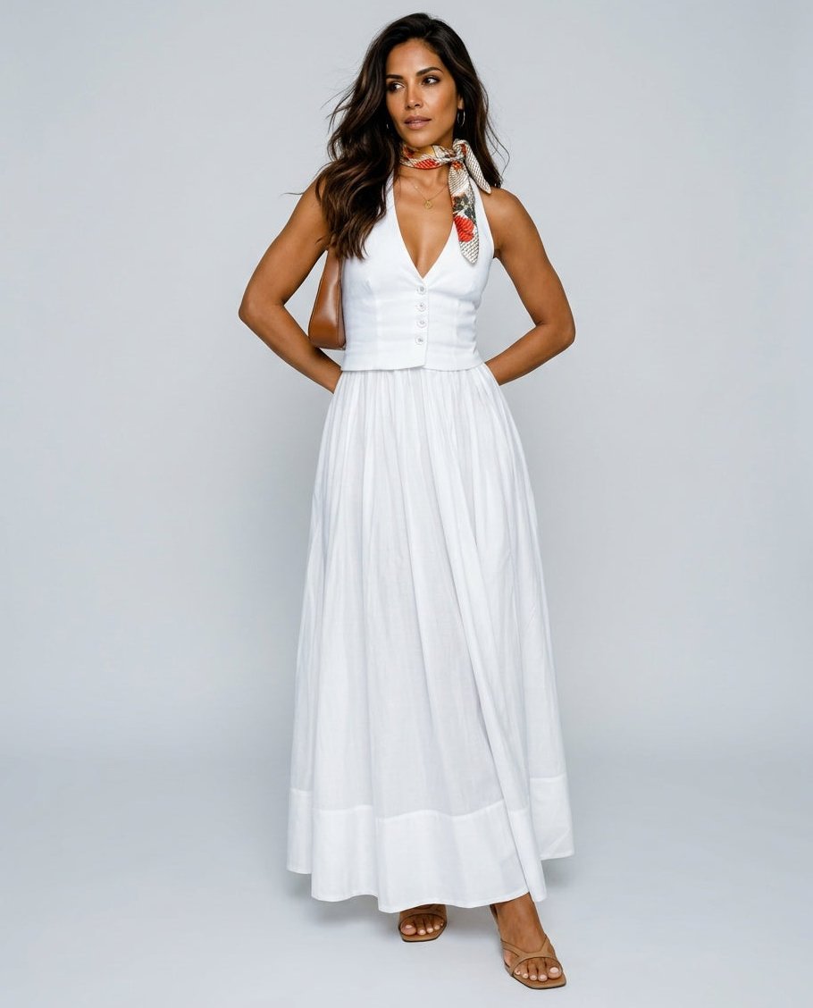 Women's Sleeveless Maxi Dress with Halter V Neck in Polyester