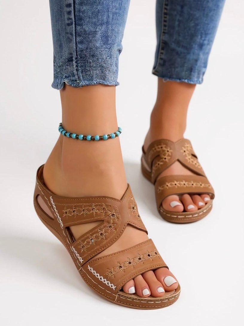 Womens Slide Sandals with Floral Embroidery in Leather Look