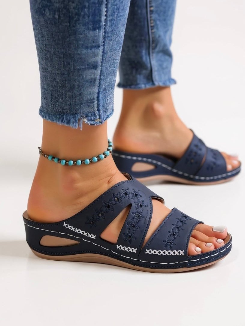 Womens Slide Sandals with Floral Embroidery in Leather Look
