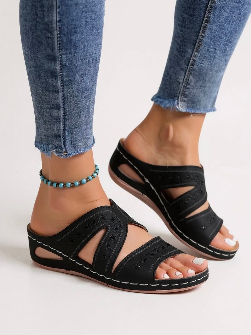 Womens Slide Sandals with Floral Embroidery in Leather Look
