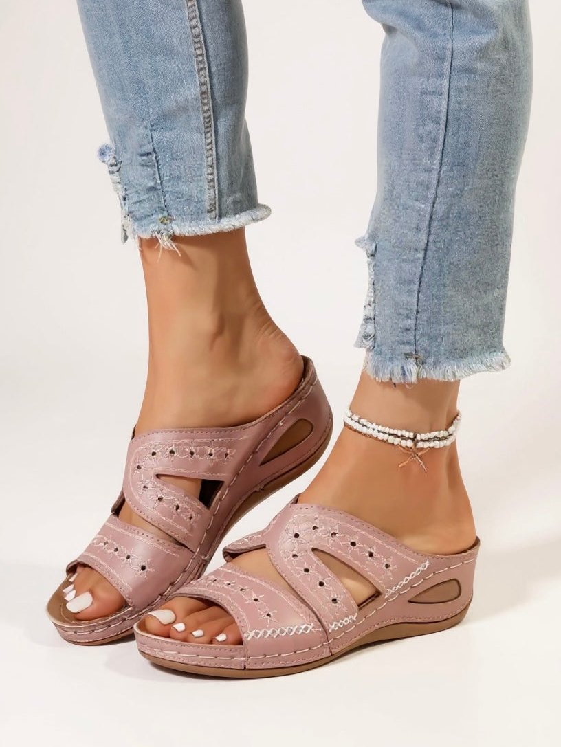 Womens Slide Sandals with Floral Embroidery in Leather Look