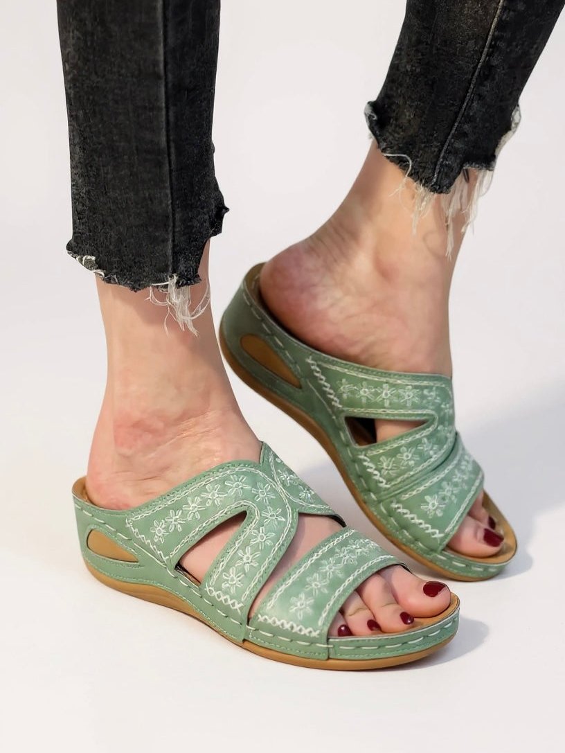 Womens Slide Sandals with Floral Embroidery in Leather Look