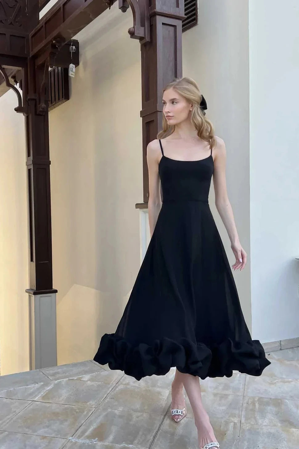 Midi Dress with Ruffle Hem in Chiffon for Women