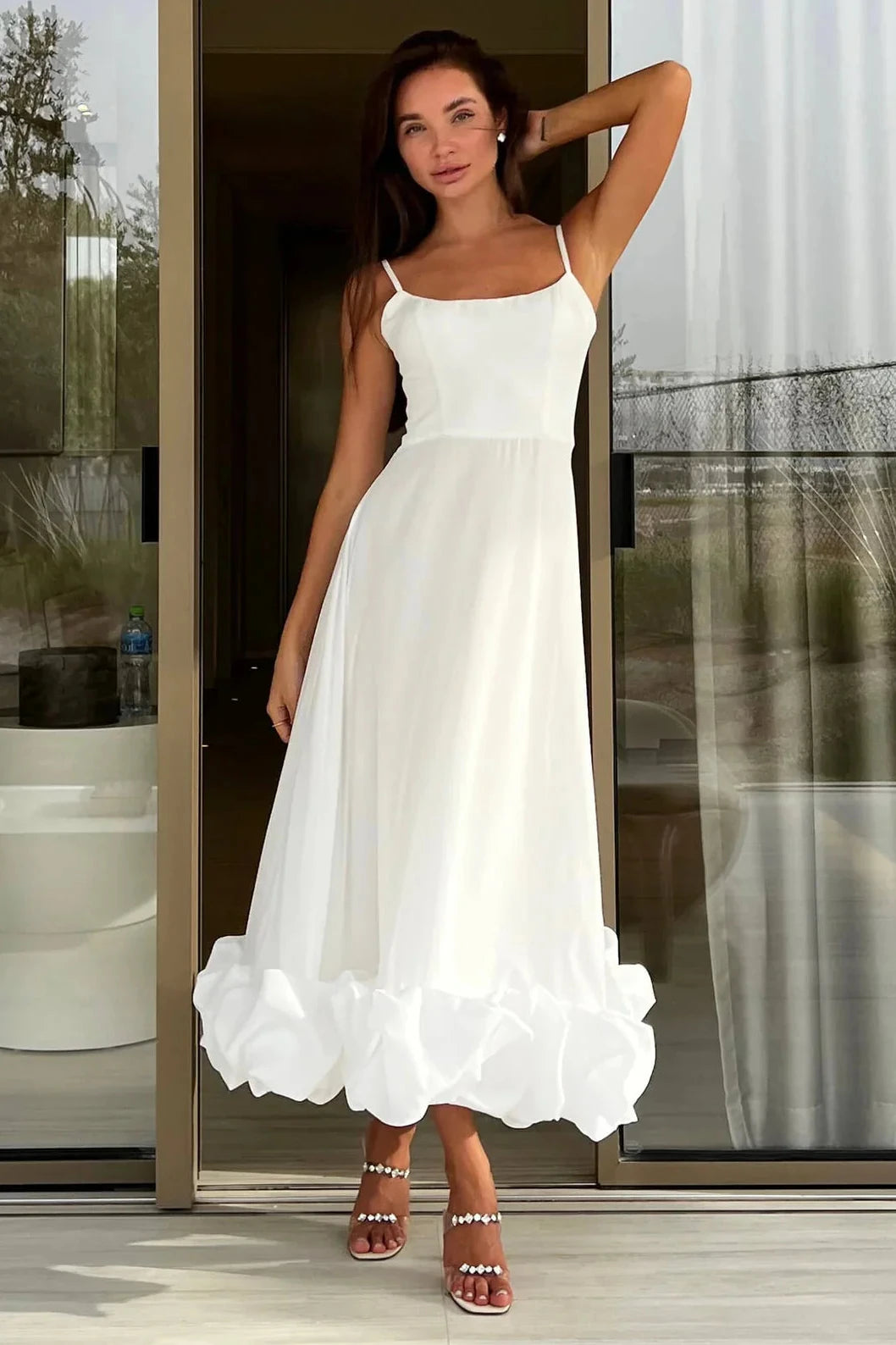 Midi Dress with Ruffle Hem in Chiffon for Women