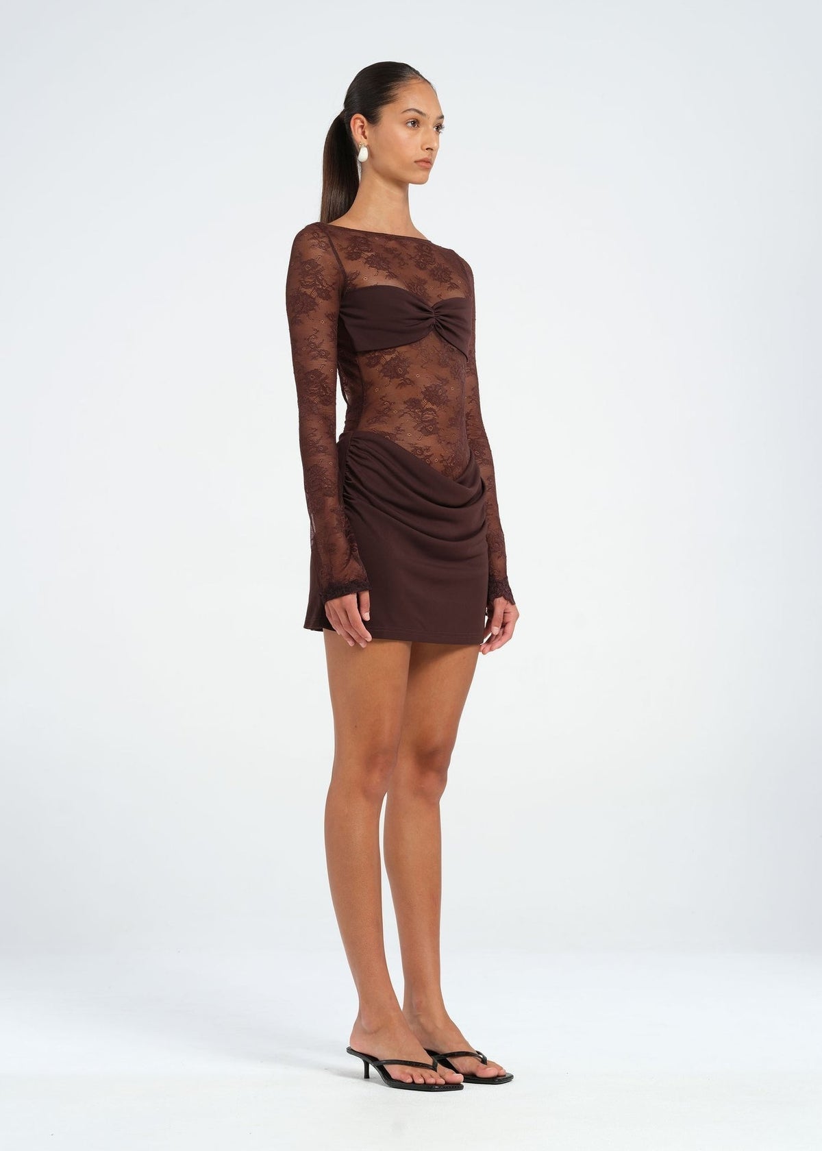 Women's Mini Dress with Open Back in Floral Lace and Long Sleeves