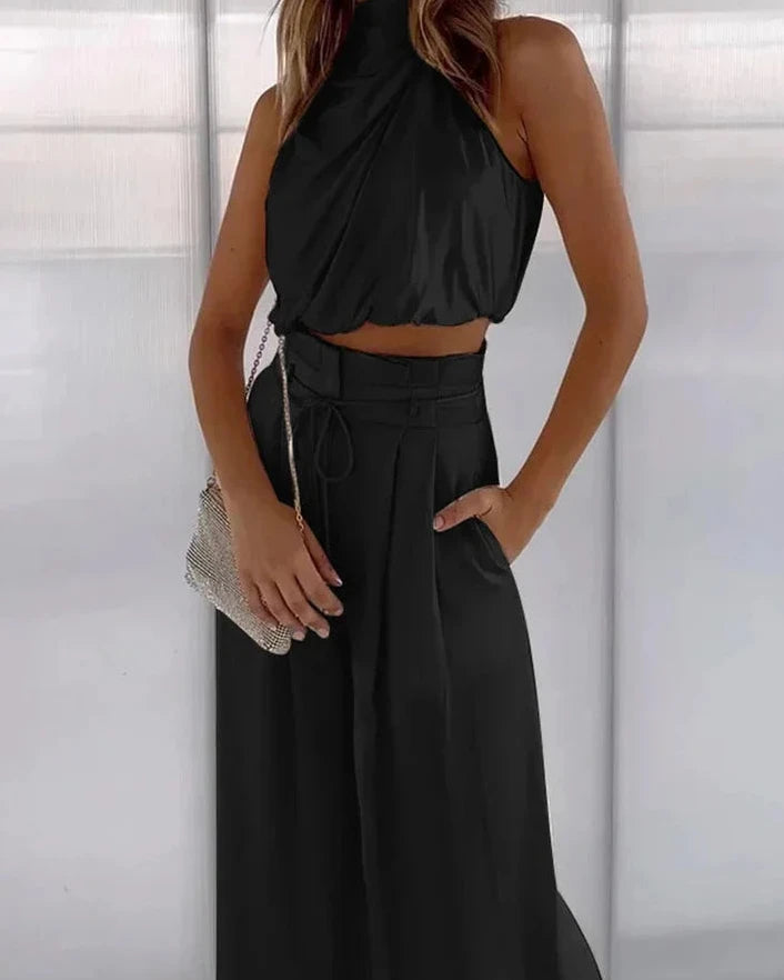 Women's Draped Halter Two Piece Set in Lightweight Fabric Blend
