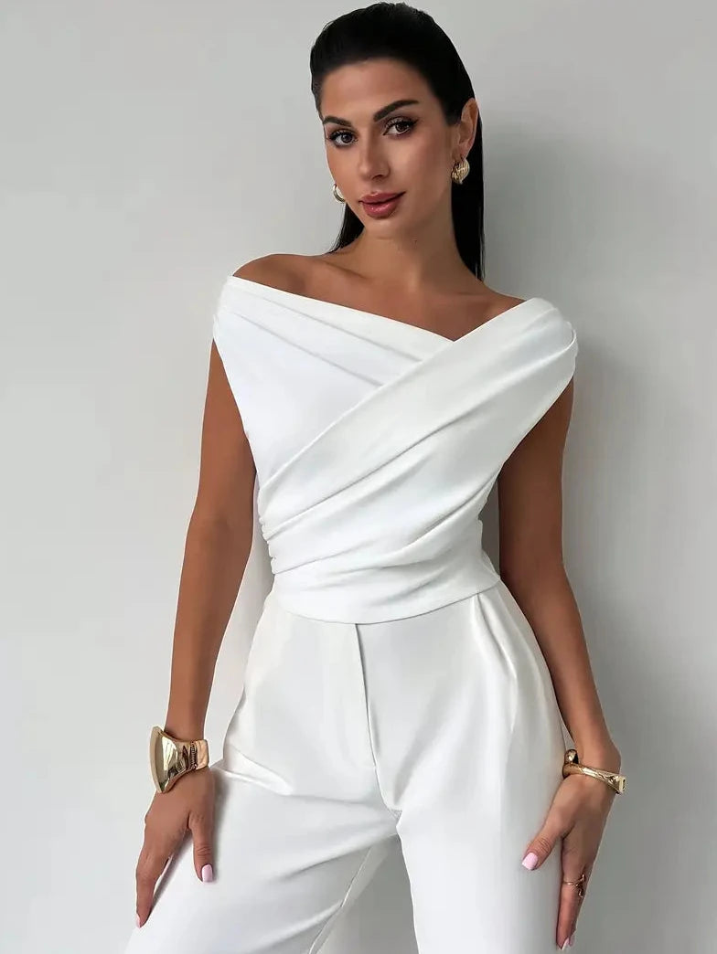 Womens Going Out Top with Off Shoulder Draped Neckline in Polyester