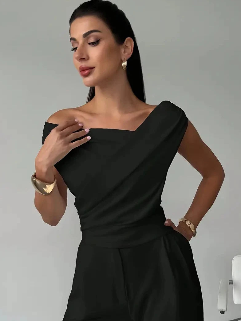 Womens Going Out Top with Off Shoulder Draped Neckline in Polyester