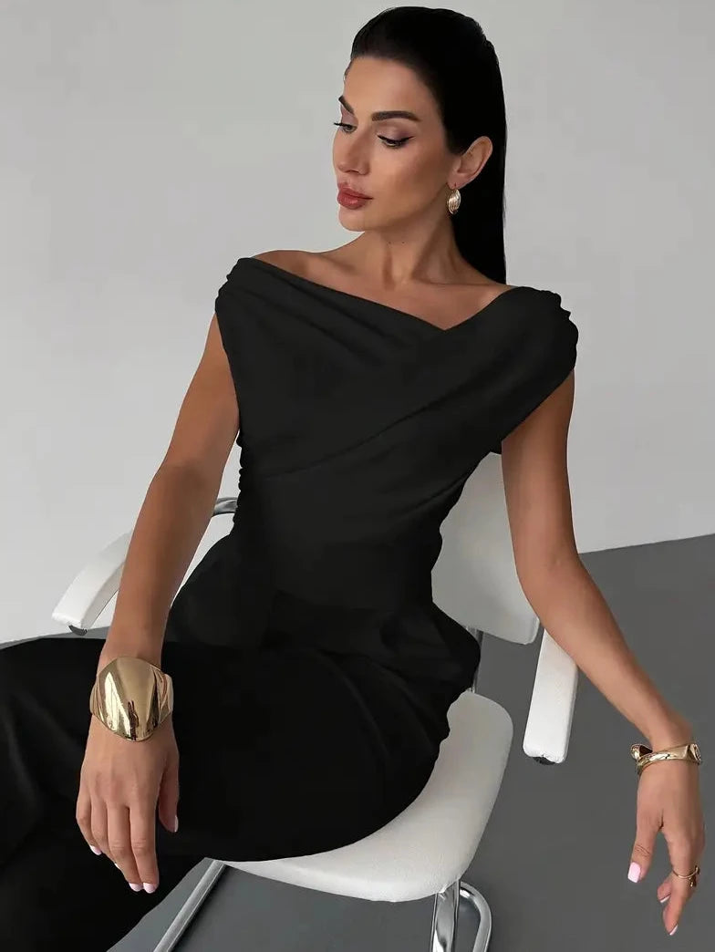Womens Going Out Top with Off Shoulder Draped Neckline in Polyester