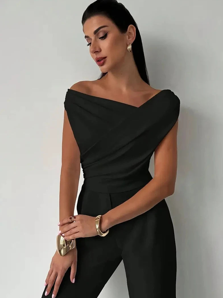 Womens Going Out Top with Off Shoulder Draped Neckline in Polyester