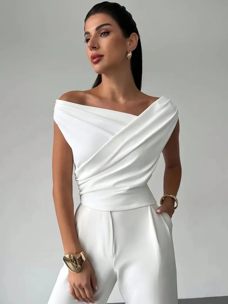 Womens Going Out Top with Off Shoulder Draped Neckline in Polyester