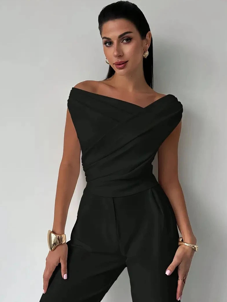 Womens Going Out Top with Off Shoulder Draped Neckline in Polyester