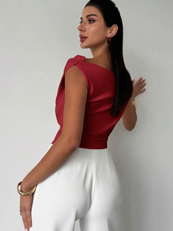 Womens Going Out Top with Off Shoulder Draped Neckline in Polyester