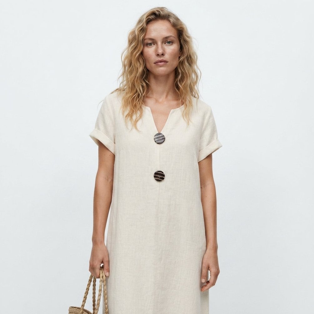 Womens Midi Dress in Cotton Linen with Notch Neck and Button Front
