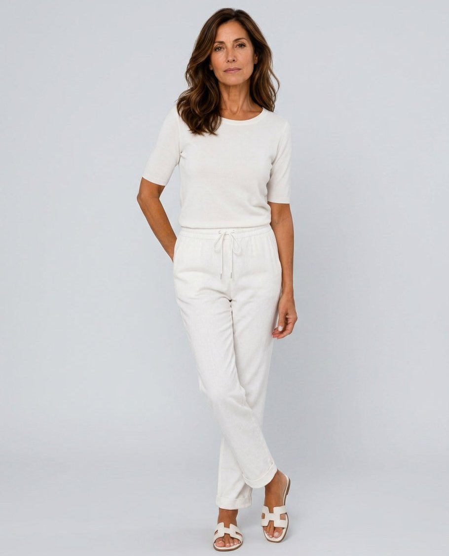 Womens Linen Trousers with Elastic Waist, Straight Leg and Rolled Hem