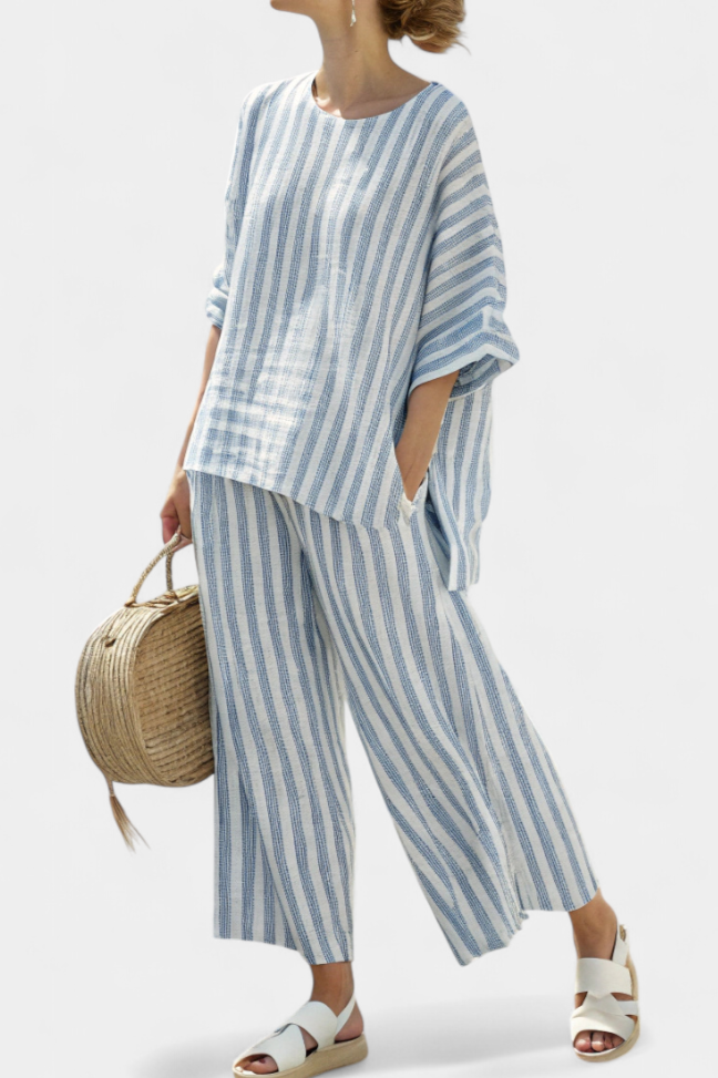 Womens Linen Trousers Set with Boxy Striped Top and Wide Leg Crop