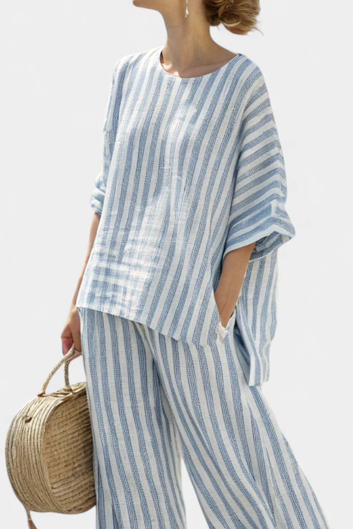 Womens Linen Trousers Set with Boxy Striped Top and Wide Leg Crop