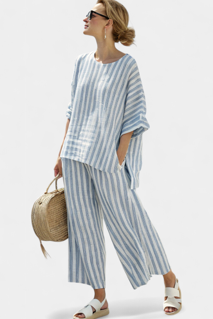 Womens Linen Trousers Set with Boxy Striped Top and Wide Leg Crop