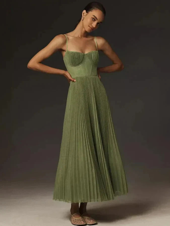 Maxi Bustier Dress with Pleated Tulle-Look Skirt