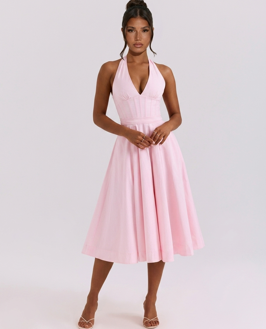 Women's Halter Neck Stretch Cotton Midi Sundress