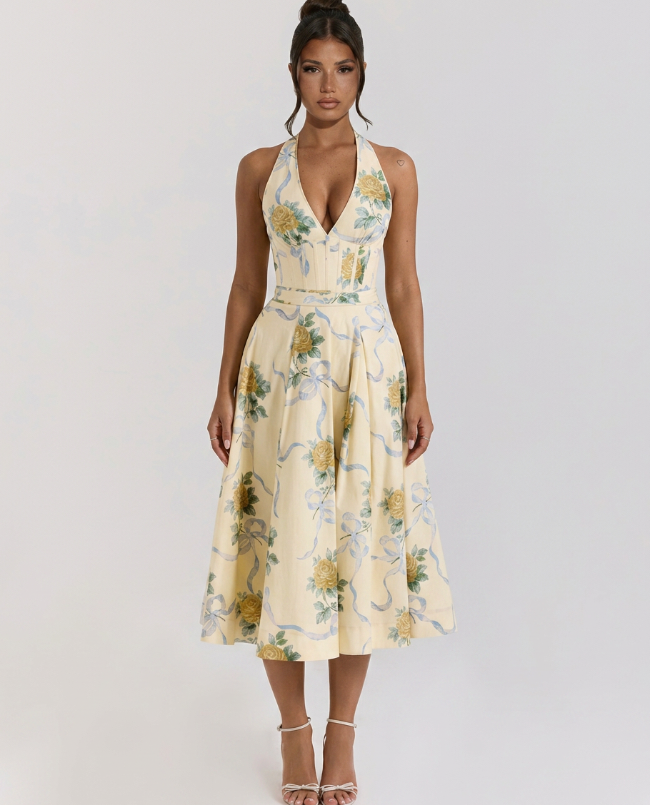 Women's Halter Neck Stretch Cotton Midi Sundress