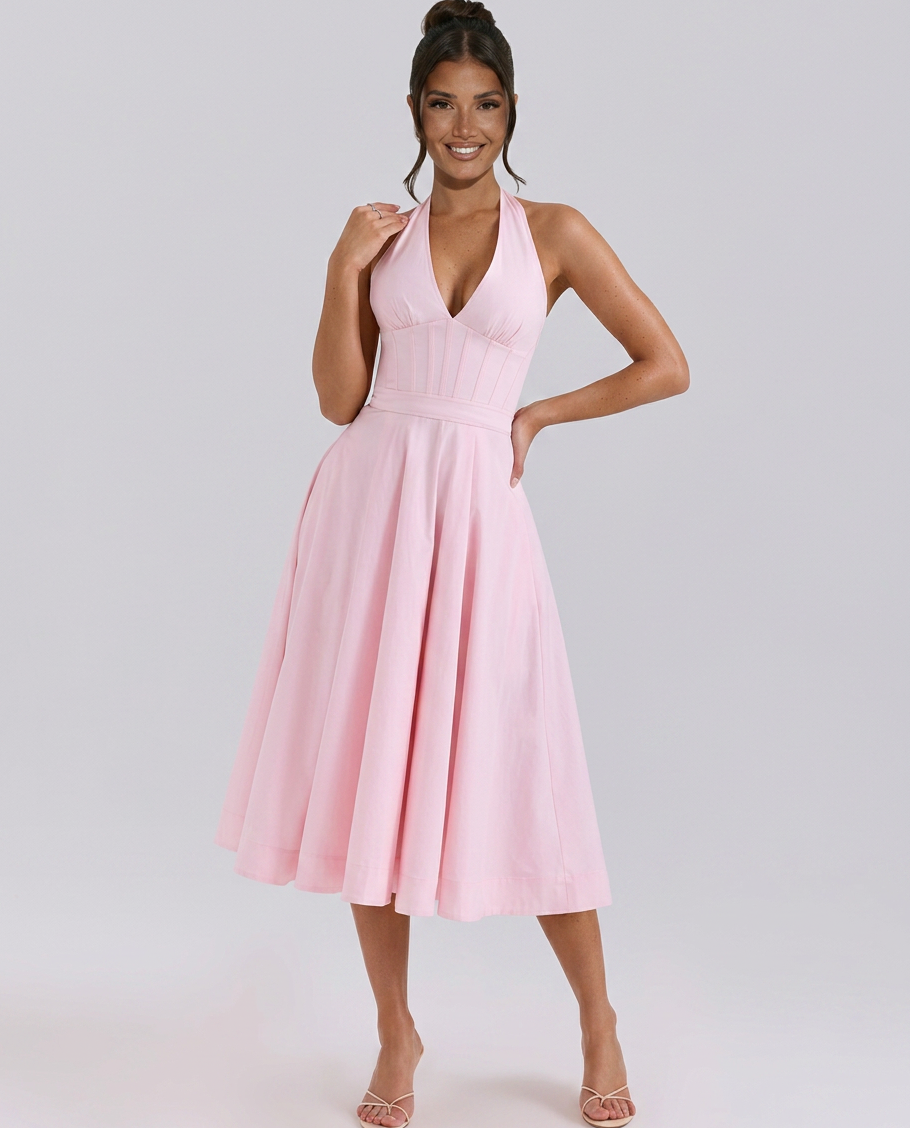 Women's Halter Neck Stretch Cotton Midi Sundress