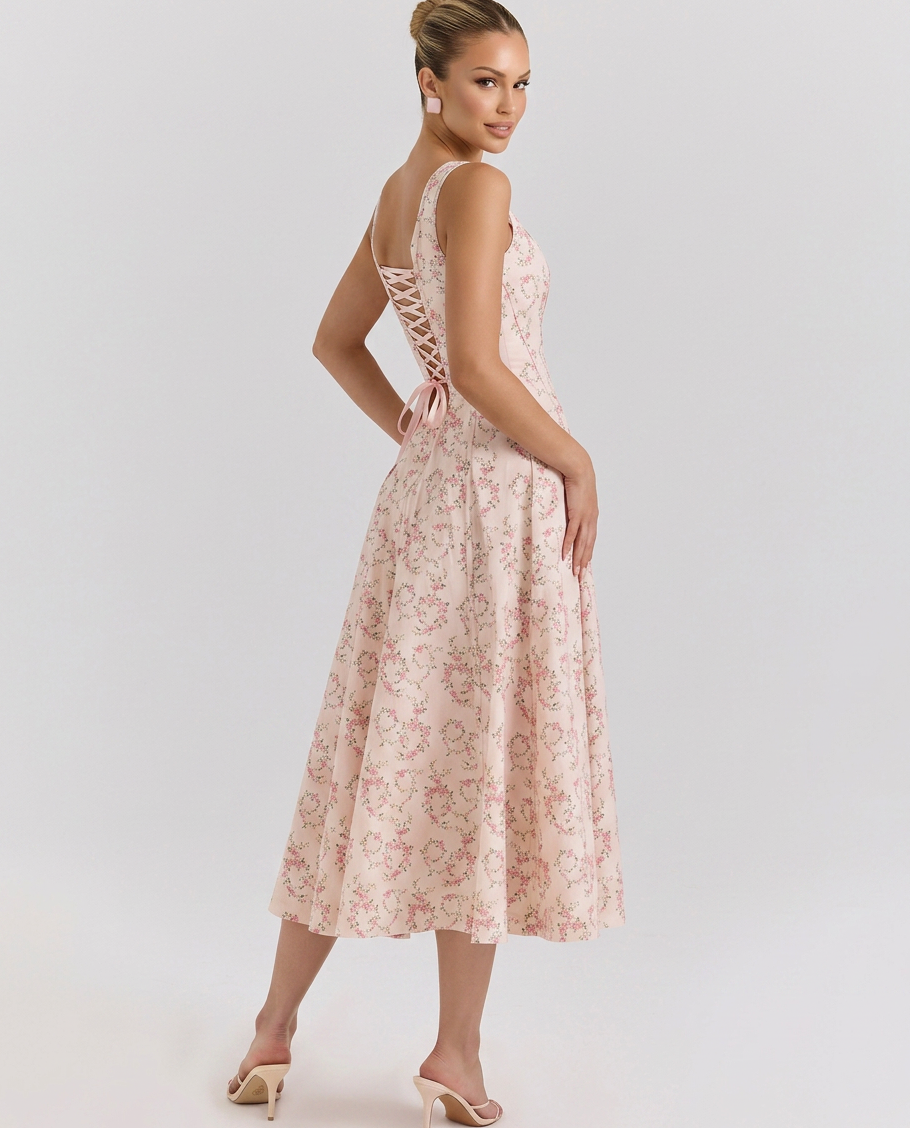 Women's Floral Cotton Midi Dress with Lace-Up Back