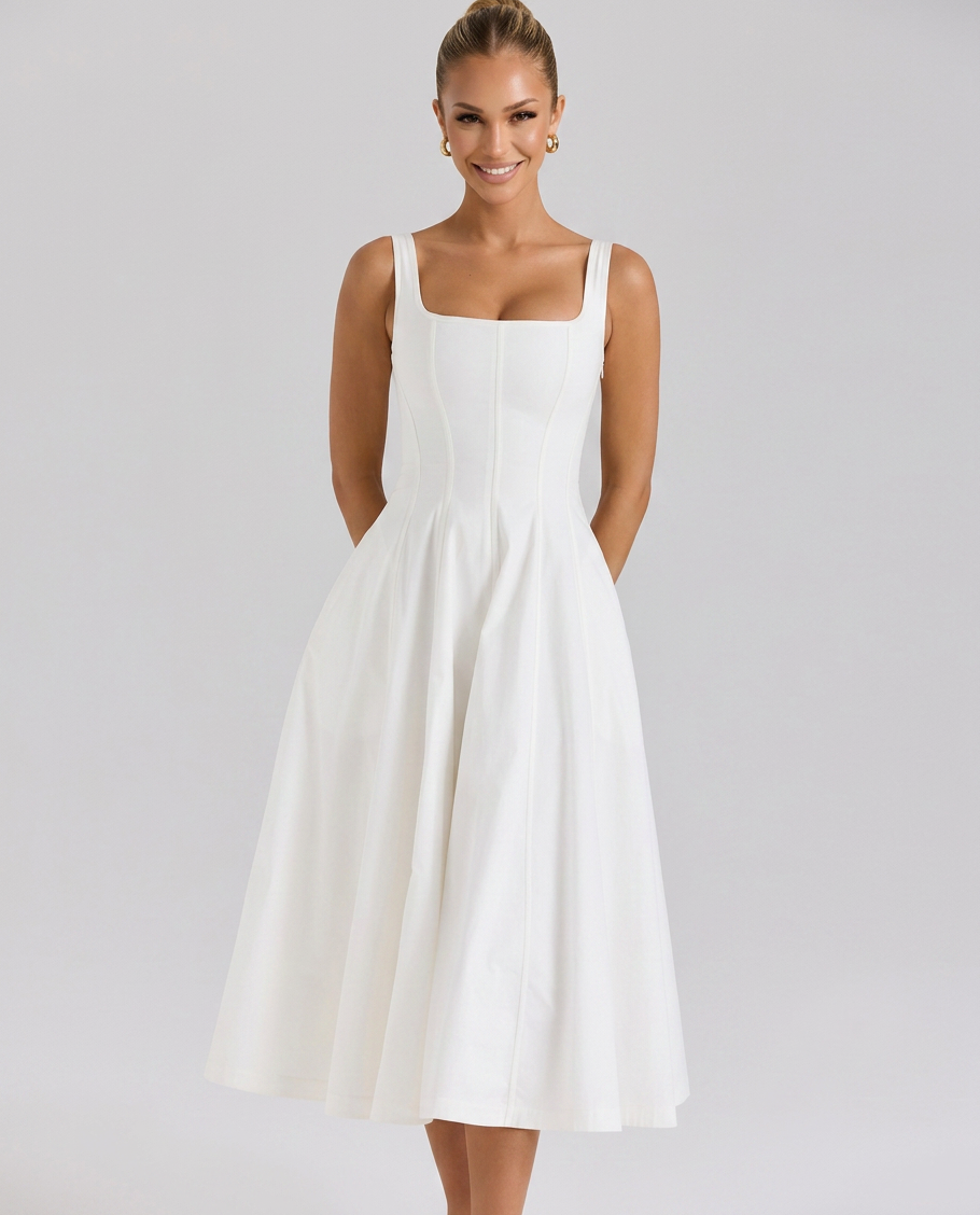 Women's Floral Cotton Midi Dress with Lace-Up Back
