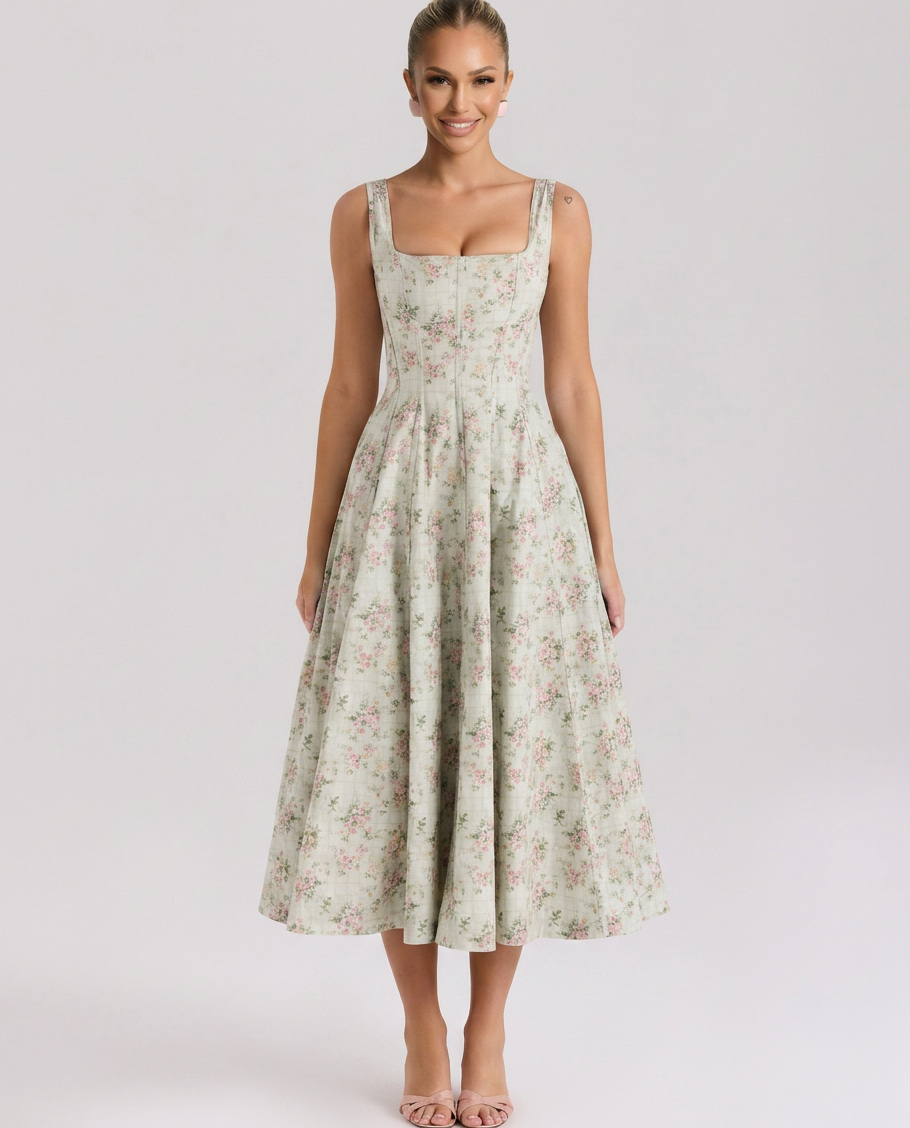 Women's Floral Cotton Midi Dress with Lace-Up Back