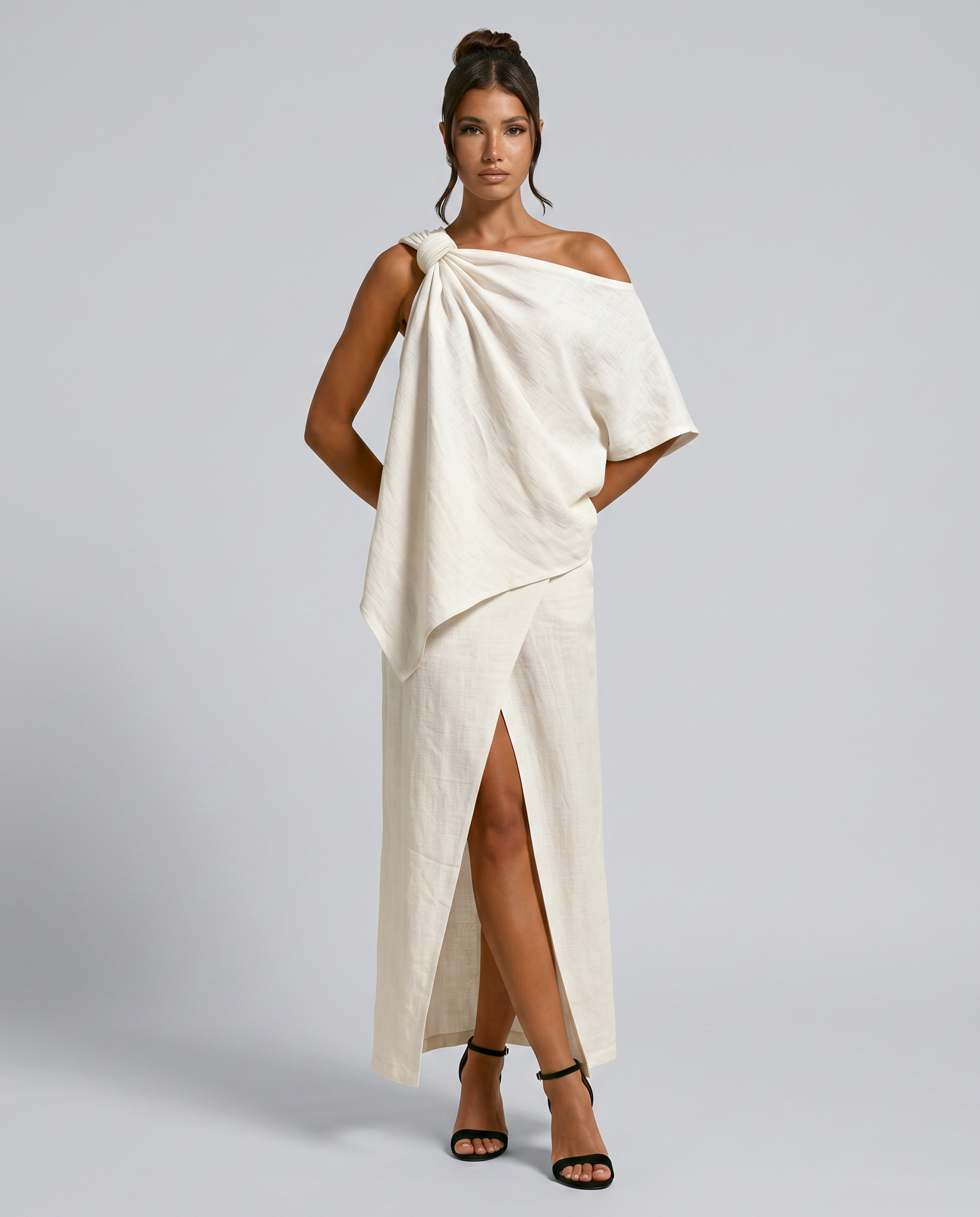 Asymmetric Maxi Skirt with Draped Linen-Blend Wrap