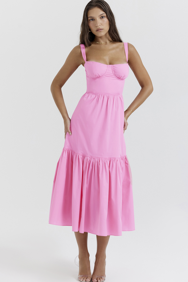 Women's Midi Sundress with Corset Bodice in Polyester