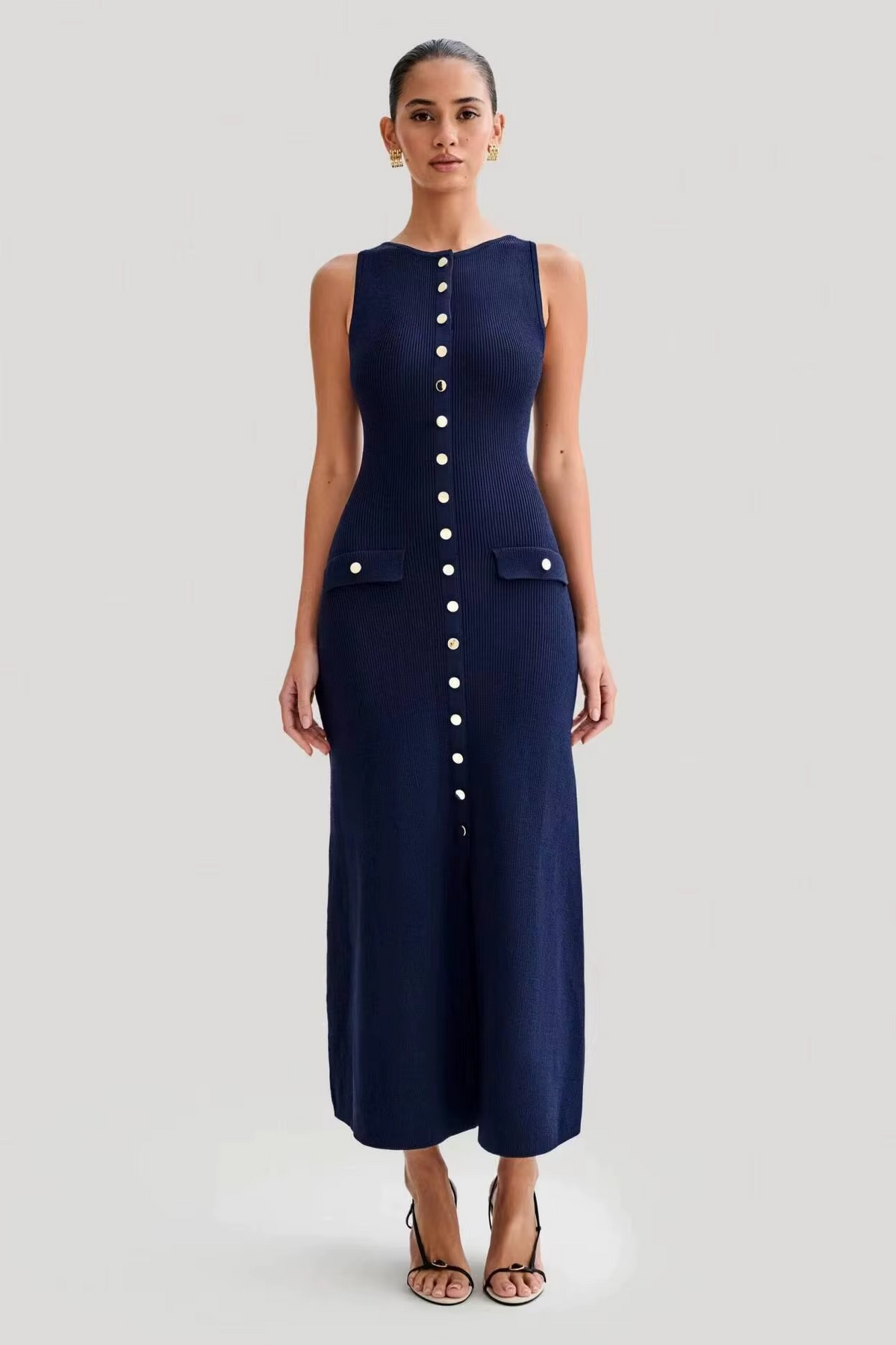 Women's Button-Front Rib-Knit Midi Dress