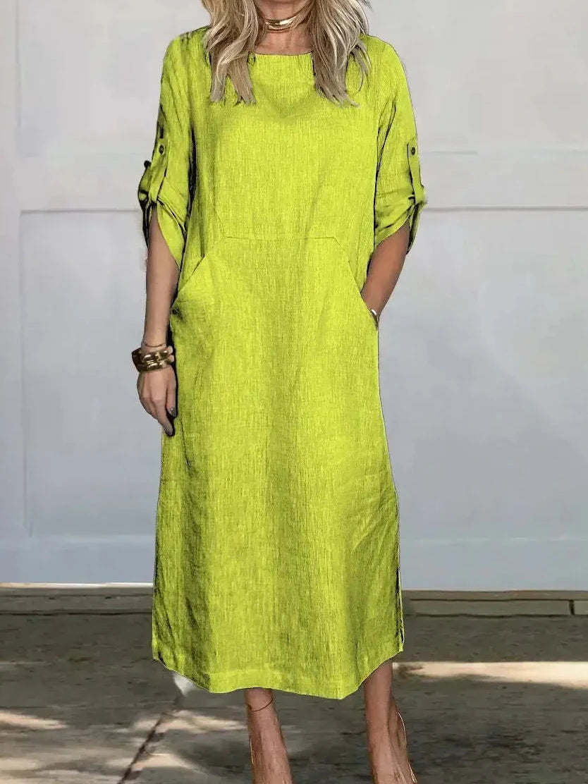 Womens Summer Dress in Linen Look with Roll Tab Sleeves and Pockets