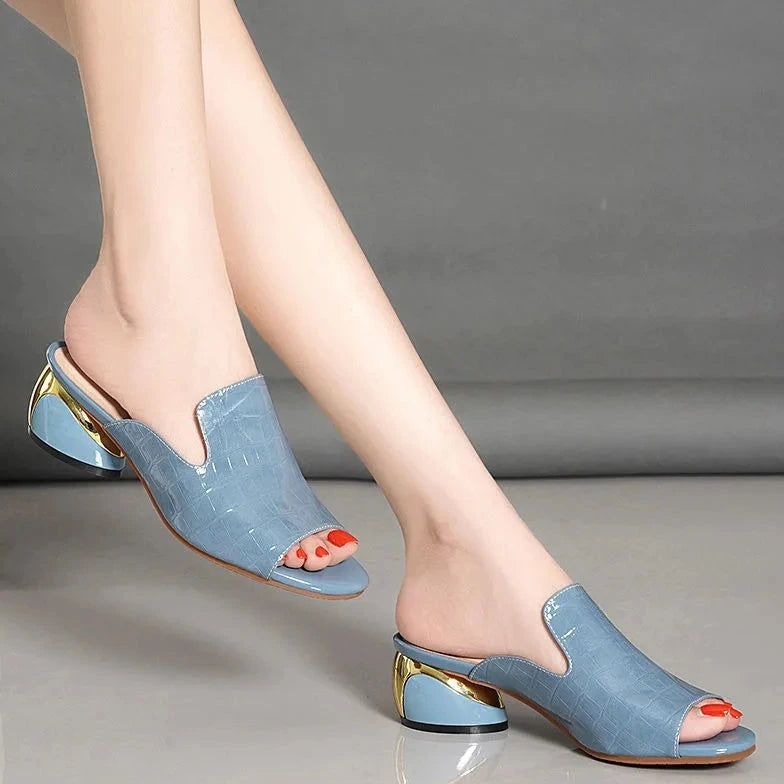 Womens Sandals with Low Block Heel and Croc Embossed Peep Toe