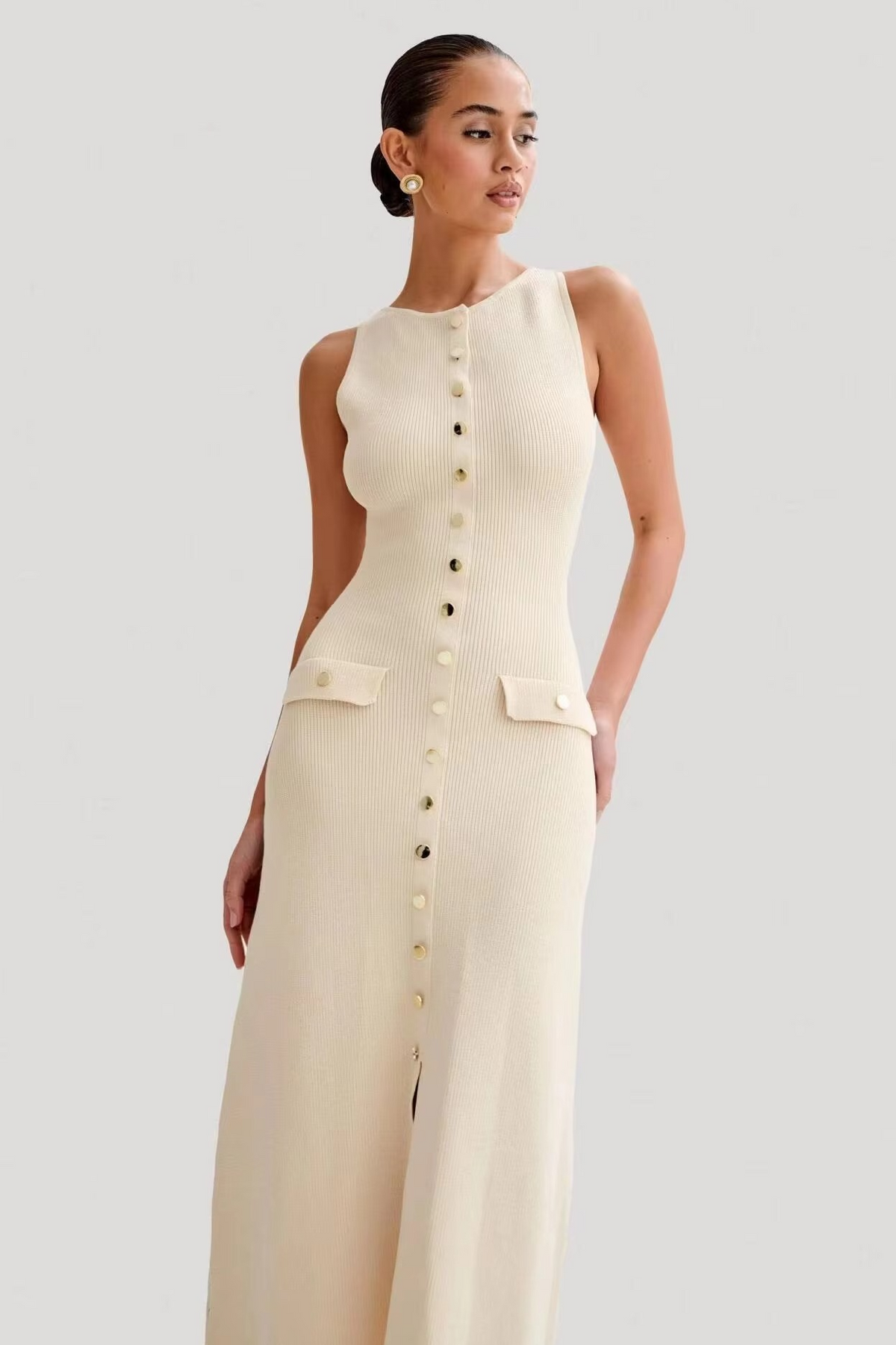 Women's Button-Front Rib-Knit Midi Dress