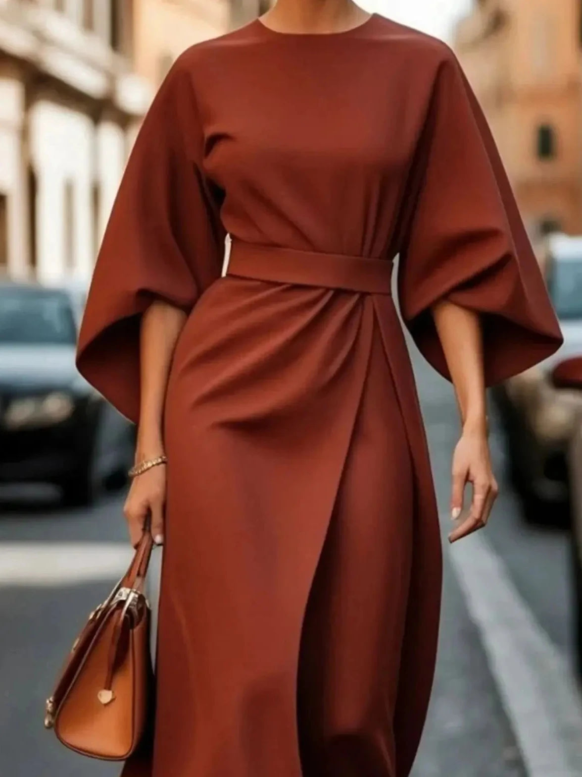 Women's Midi Dress with Wrap Skirt and Batwing Sleeves