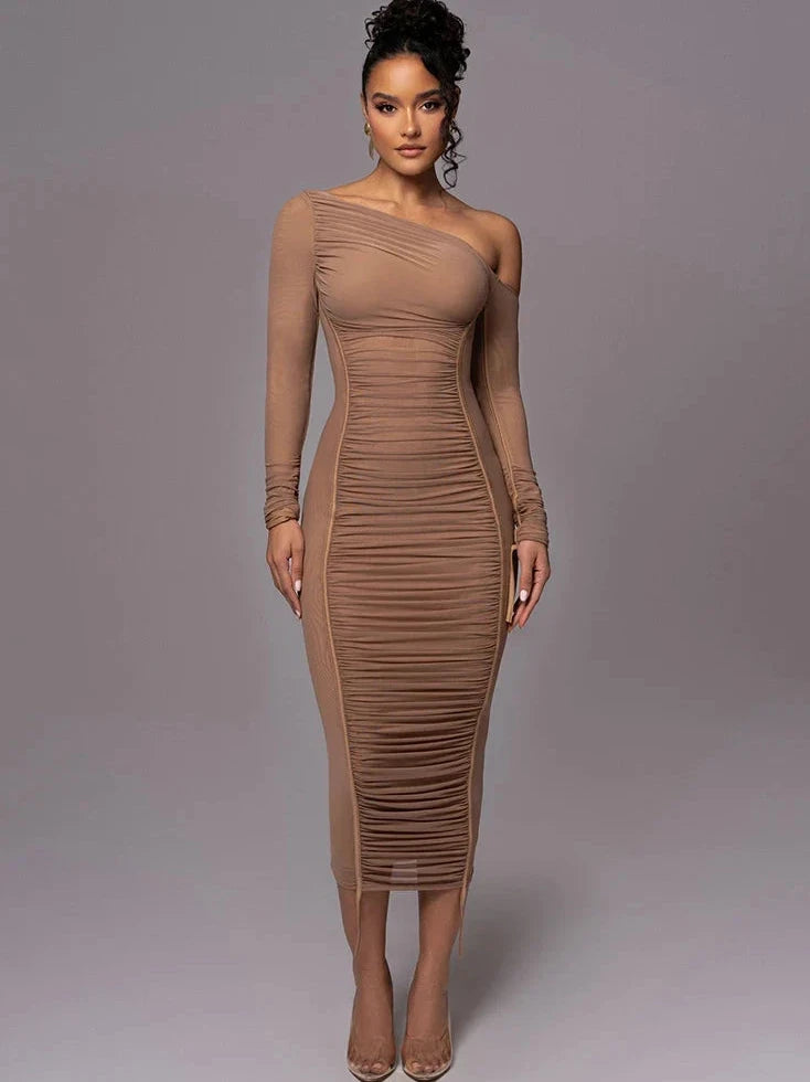 Midi Dress with One Shoulder Cutout and Ruched Bodycon Fit