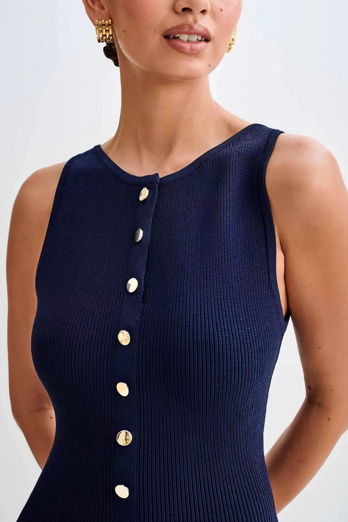 Women's Button-Front Rib-Knit Midi Dress