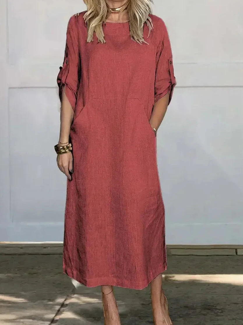 Womens Summer Dress in Linen Look with Roll Tab Sleeves and Pockets