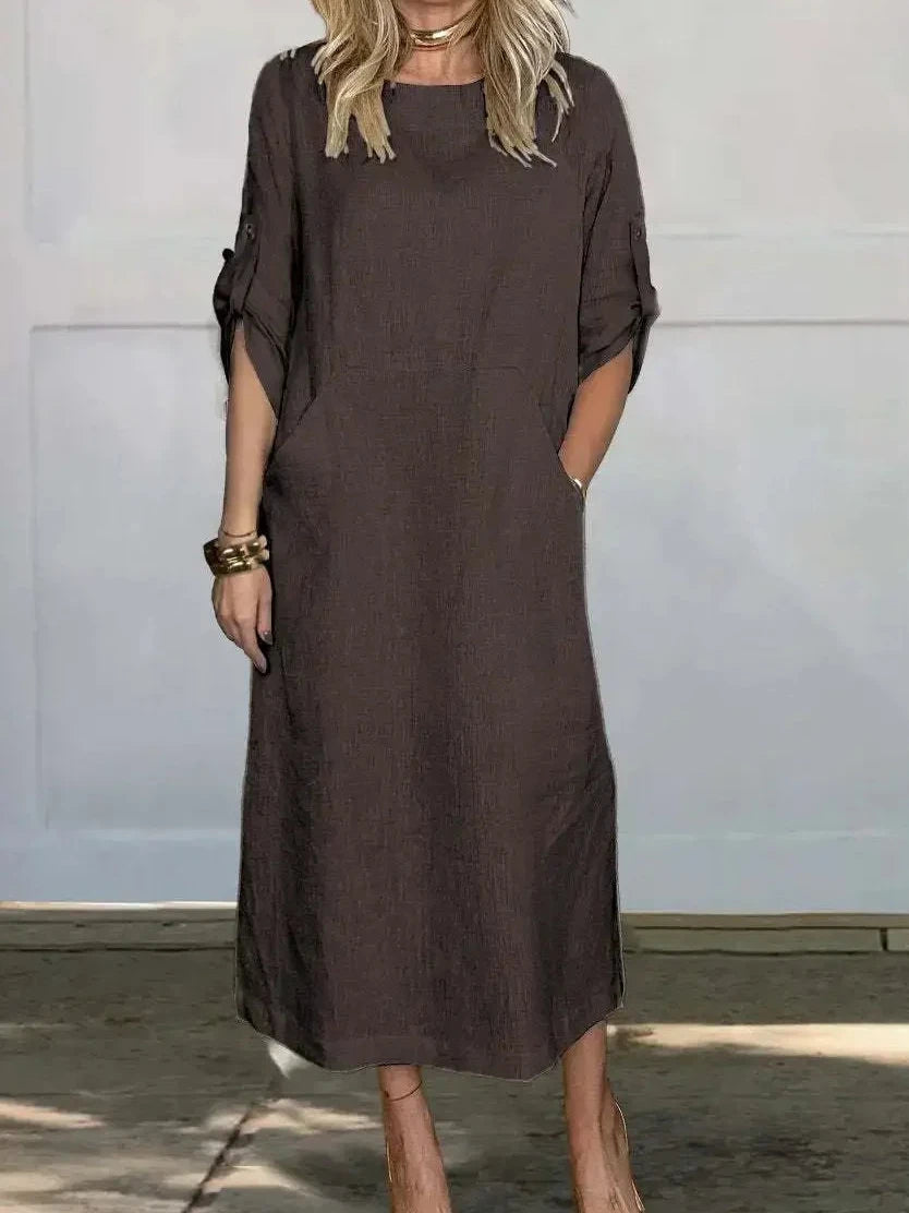 Womens Summer Dress in Linen Look with Roll Tab Sleeves and Pockets