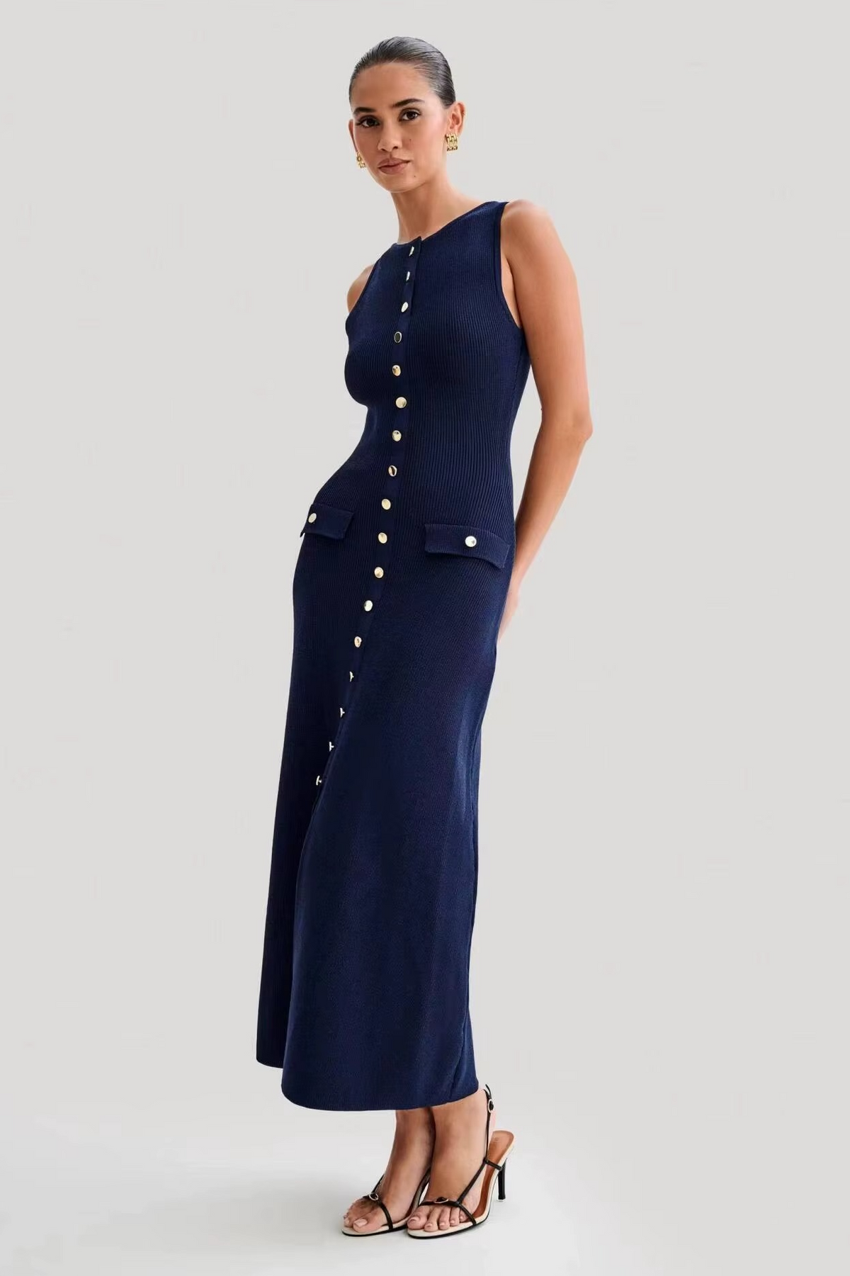 Women's Button-Front Rib-Knit Midi Dress