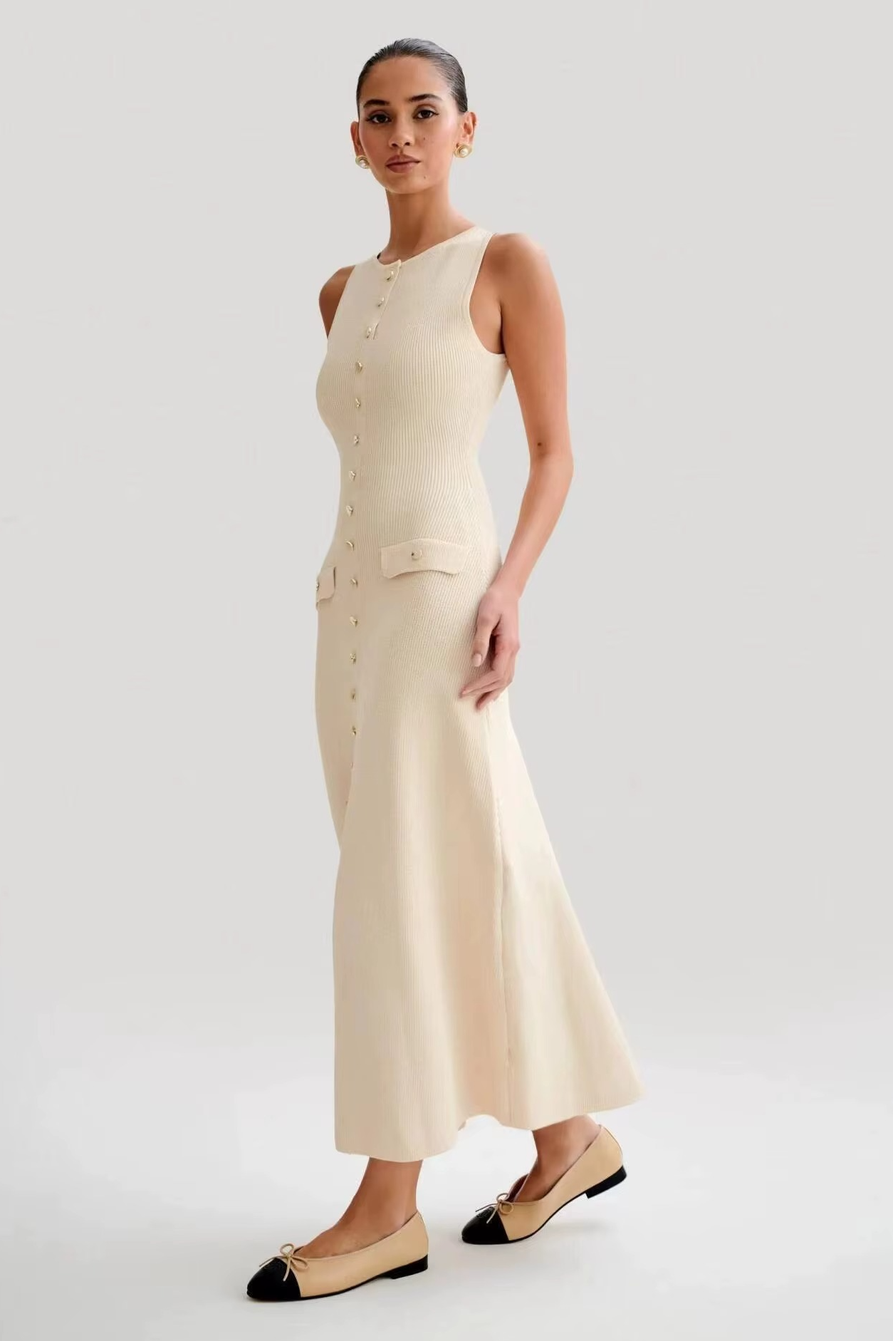 Women's Button-Front Rib-Knit Midi Dress