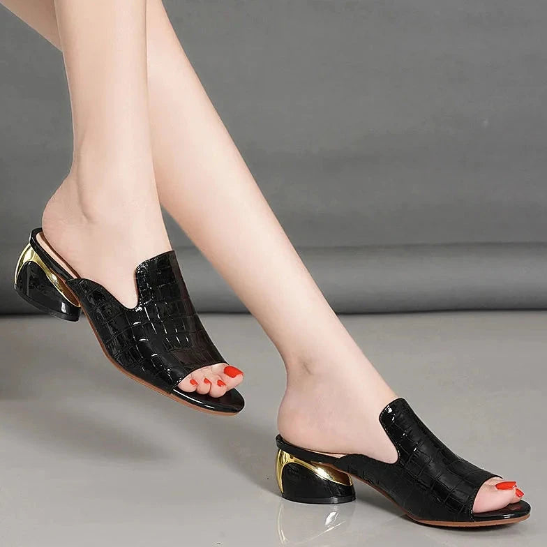 Womens Sandals with Low Block Heel and Croc Embossed Peep Toe