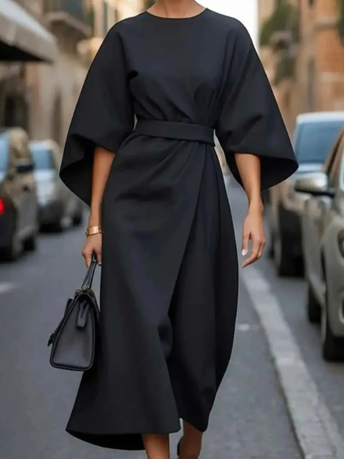 Women's Midi Dress with Wrap Skirt and Batwing Sleeves