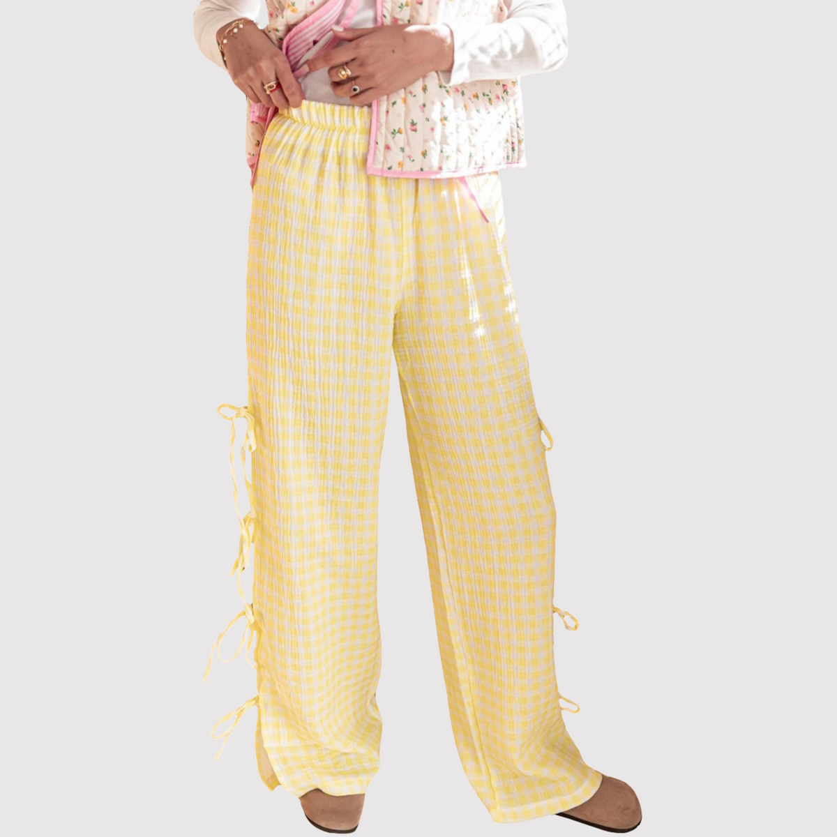 Wide Leg Pants Women with High Waist and Check Pattern in Muslin